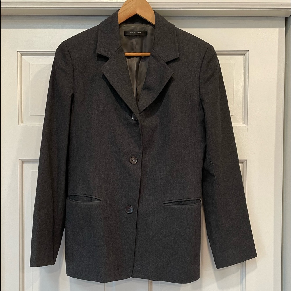 Vintage Susan Lazar 100% Wool Charcoal Gray 3-Button Fitted Blazer Jacket 10